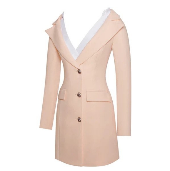 Elaine Illusion: Blush Pink Crepe Blazer Dress w/ White Collar L - Picture 5 of 6